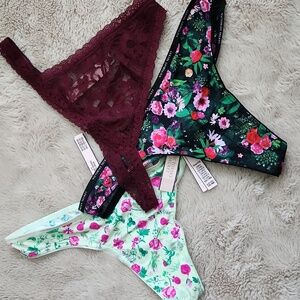 NWT Victoria's Secret Bundle 2 Floral Satin Thongs 2022  1 Lace V-string 2021